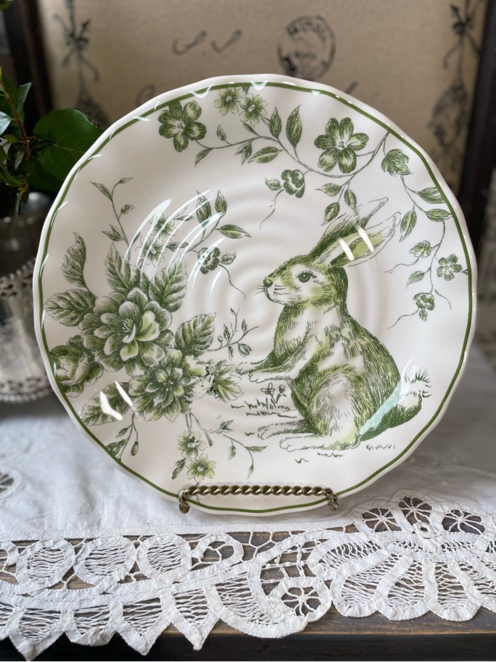 Bunny Rabbit Green white spring toile floral ceramic salad plate x2